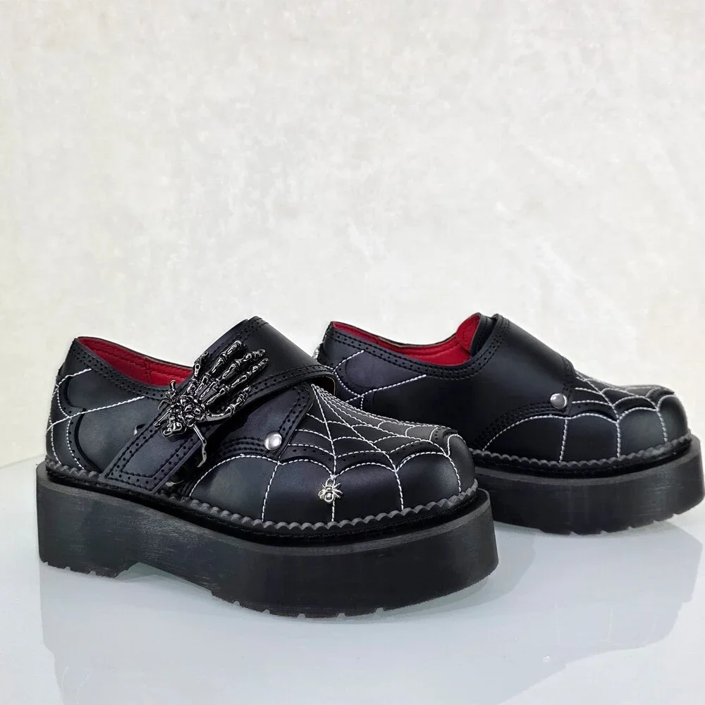 NIB Rebel Goth Punk Oxford Shoes Spider Charms Web Stitching Cryptic Hand Buckle - Picture 10 of 14